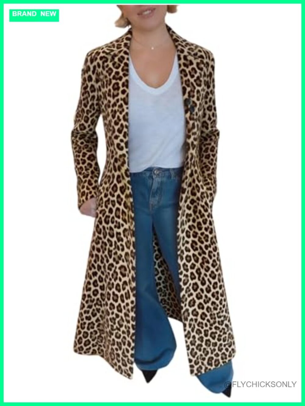 Leopard Print Long Trench Coat Slim Fit Dress Coat Notched Lapel